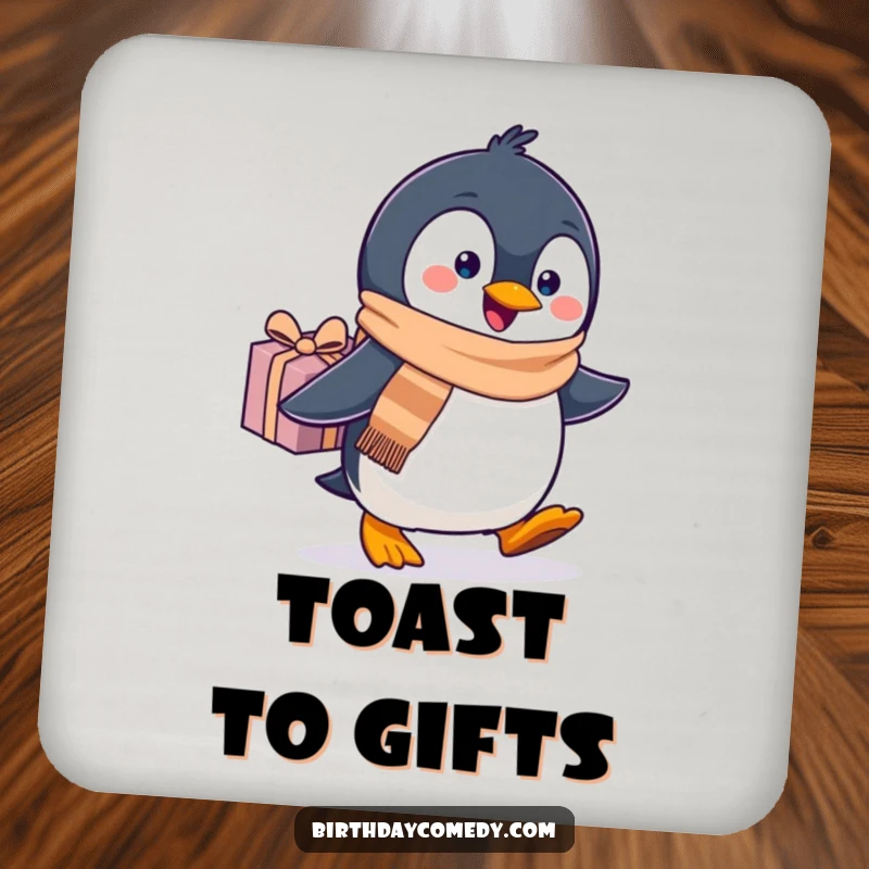 Funny penguin drink coaster, wearing a scarf, waddling with a gift, adding festive flair to tabletops.