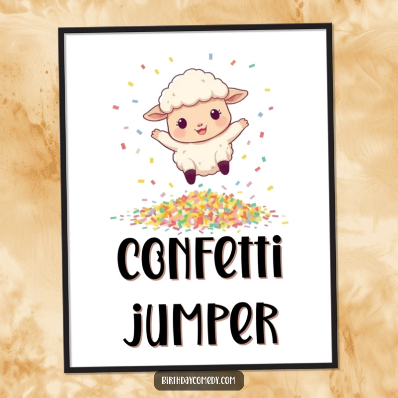 Funny poster print of a cheerful sheep bouncing high over a generous pile of colorful confetti.