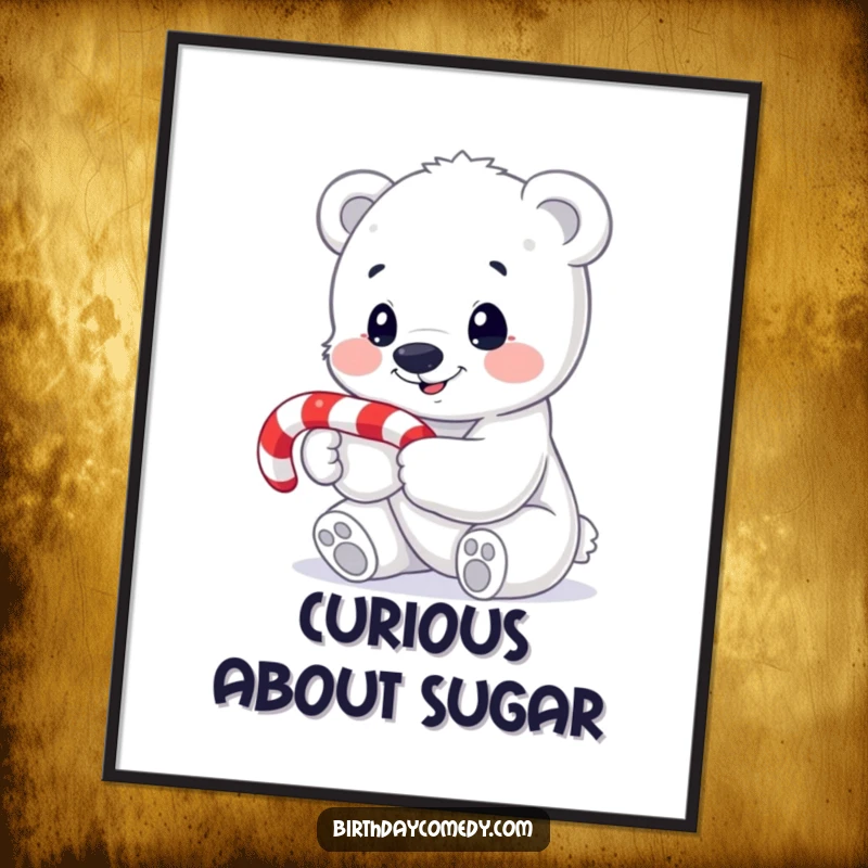 Funny polar bear cub poster, holding a candy cane with wide eyes, exuding innocence and holiday spirit, perfect wall art.