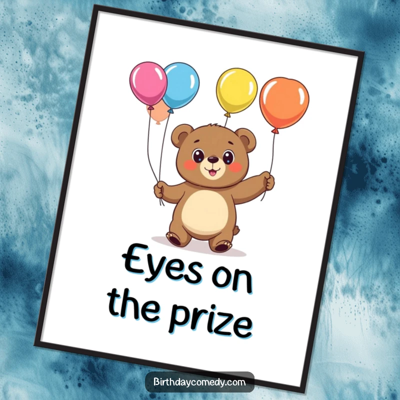 Funny bear poster, a big-eyed, cheerful character in the midst of juggling brightly colored balloons.