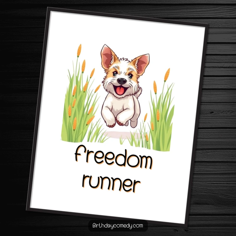 Funny terrier poster print of a happy dog running through tall grass, ears flapping, embodying freedom and pure exhilaration.