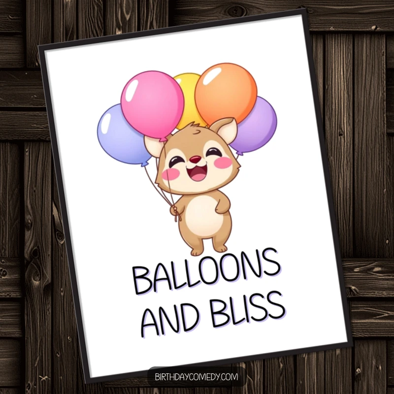 Funny poster showcasing a happy animal with a wide smile holding a bunch of vibrantly colored balloons, decor.