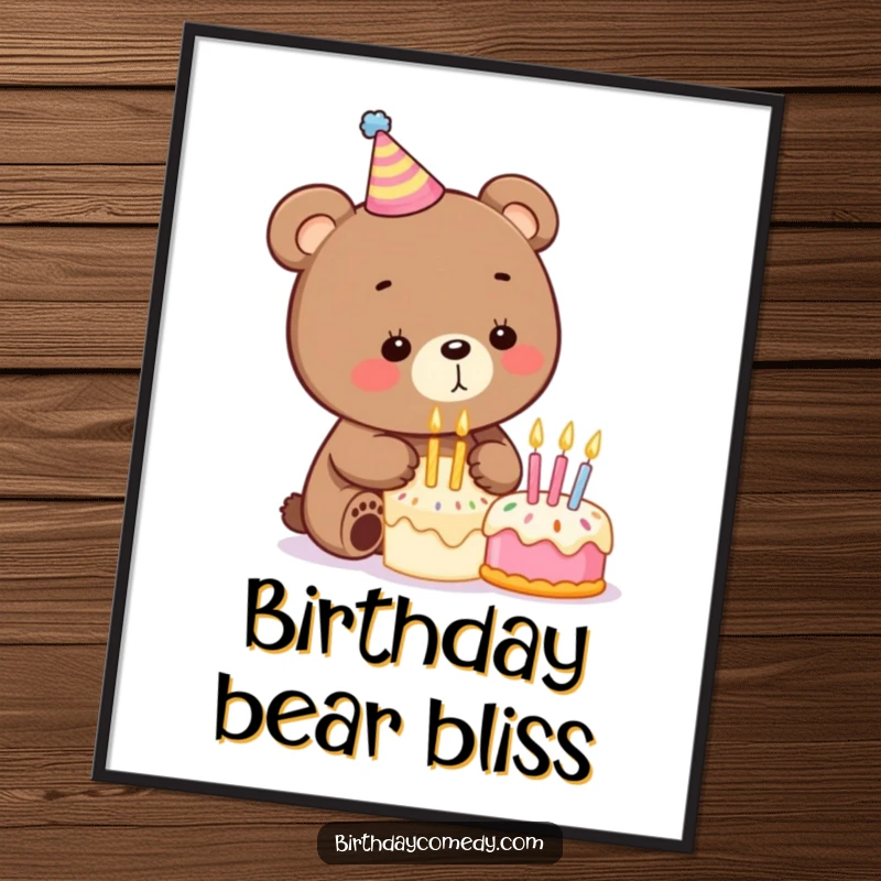 Funny birthday poster featuring a joyous bear in a party hat blowing out candles on a small cake, radiating festive energy.