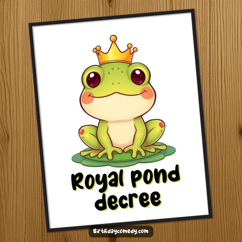 Funny Poster of a happy frog wearing a tiny crown and balancing a lily pad as a hat, adding a humorous touch.