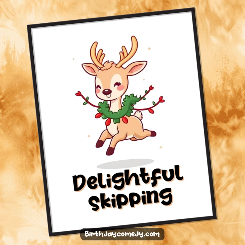 Funny poster art: A cute deer wearing a garland skips happily, conveying festive joy and playful spirit.
