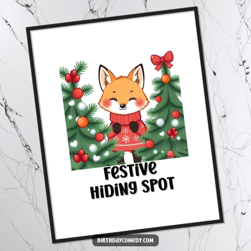 Funny fox poster, wearing a festive jumper, peeking from behind a pine tree, exuding holiday mischief and charm.