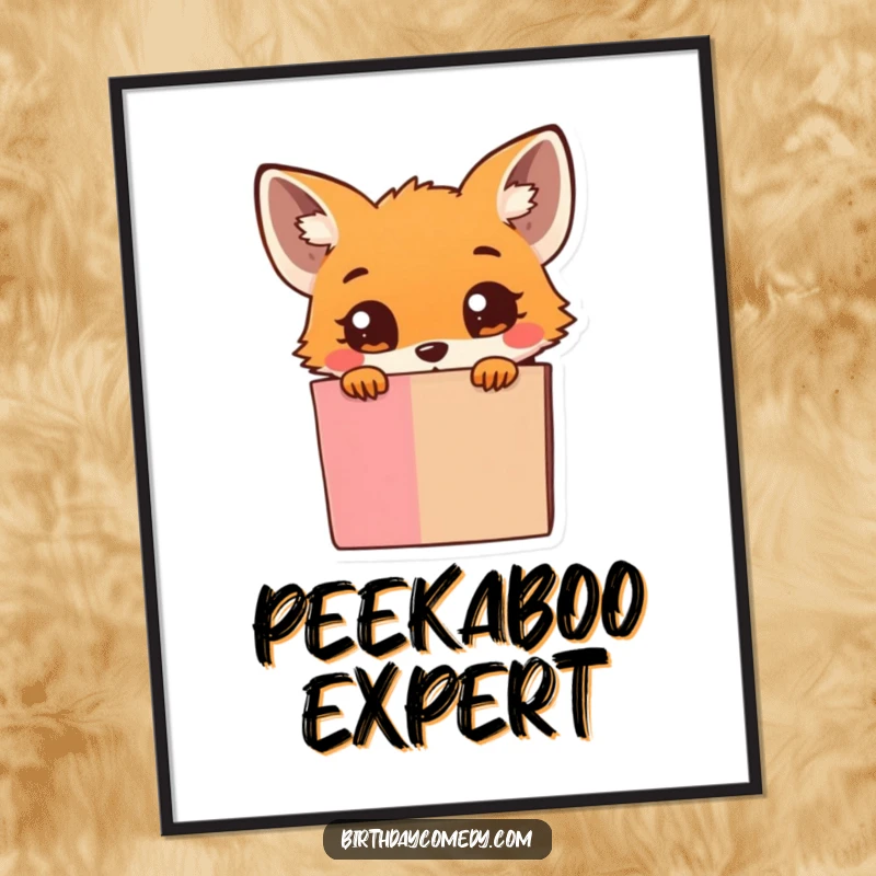Funny Poster: Adorable tiny fox with wide, curious eyes peeks from behind a vast, overflowing gift box, showcasing playful wonder.
