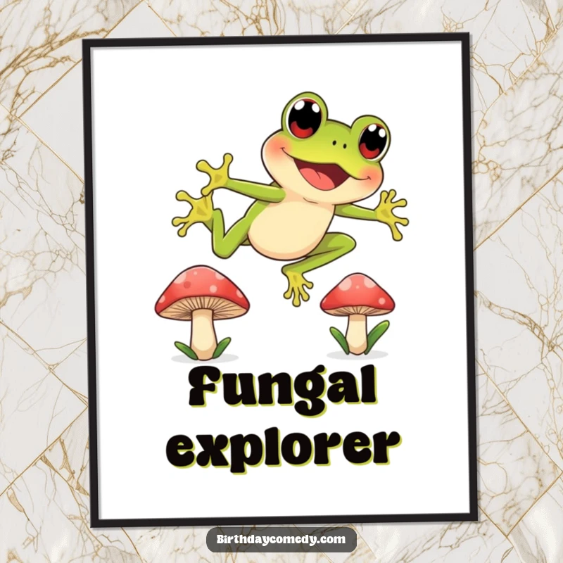 Funny poster print of a joyful frog character with wide, curious eyes leaping dynamically between mushroom caps, full of energy.
