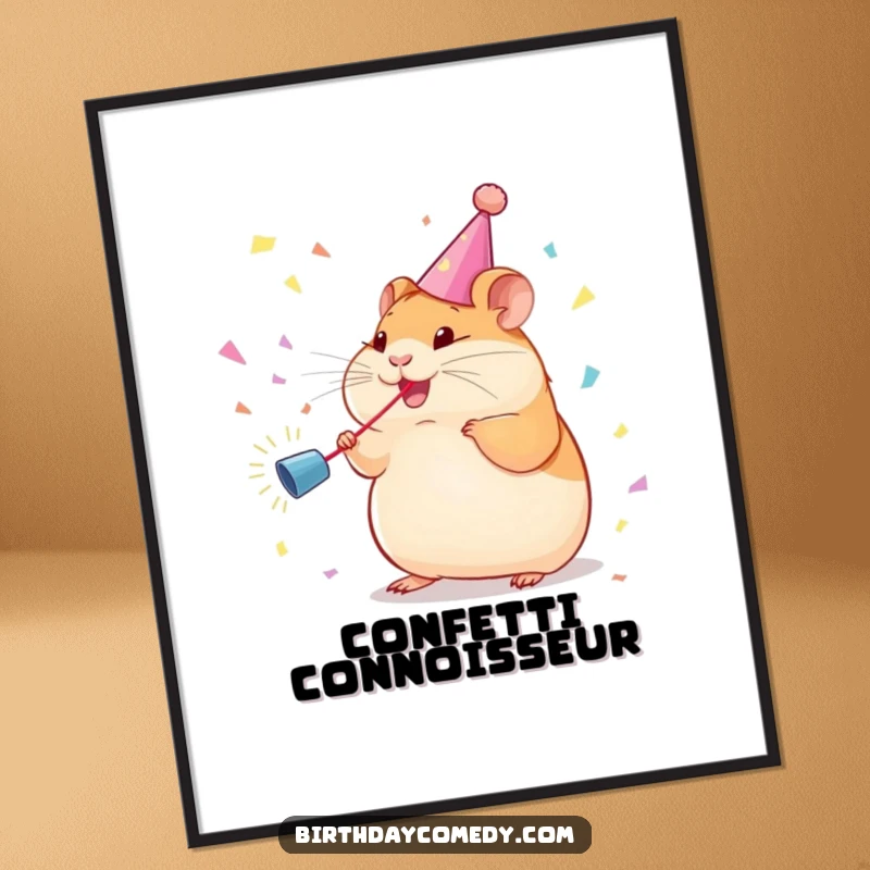 Funny Poster: Plump hamster wearing a streamer joyfully chases a confetti blast, exuding party spirit.