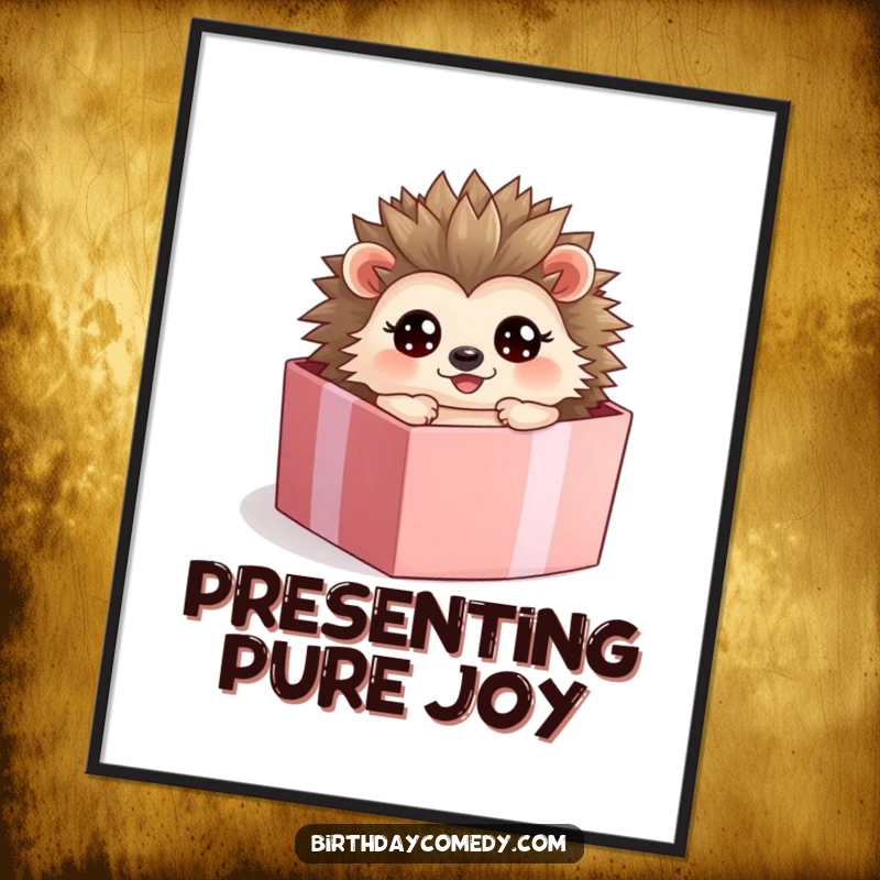 Funny hedgehog poster, a happy character rolling inside an open gift box with wide, amazed eyes.