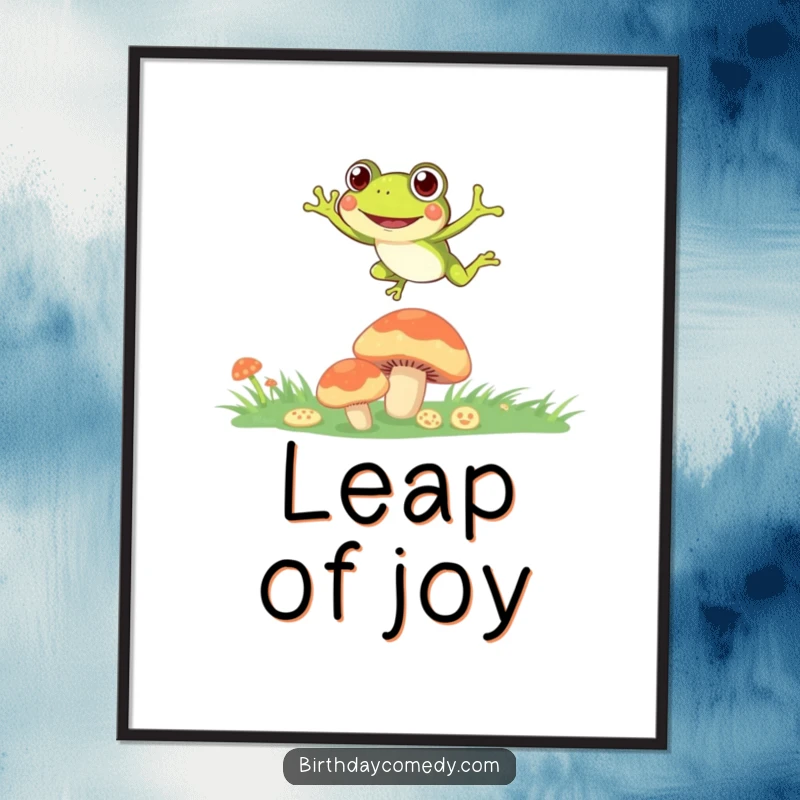 Funny Poster of a joyful frog with curious eyes, leaping from one mushroom cap to another in a whimsical setting.