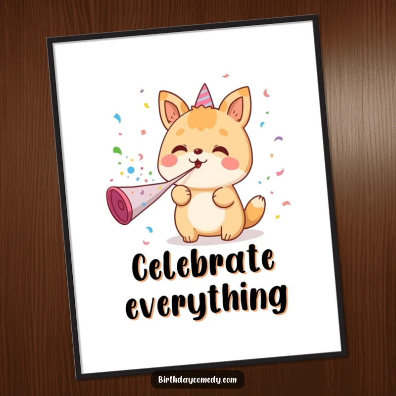 Funny poster art of a kawaii animal character joyfully blowing confetti from a party horn, capturing a moment of pure festive delight.