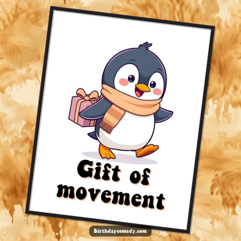 Funny penguin poster, wearing a scarf, waddling with a gift, radiating pure holiday joy and festive energy.