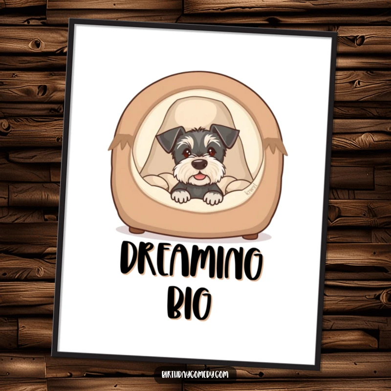 Funny schnauzer poster art of a cute puppy peeking from a cozy bed, showcasing innocence and humorous charm.