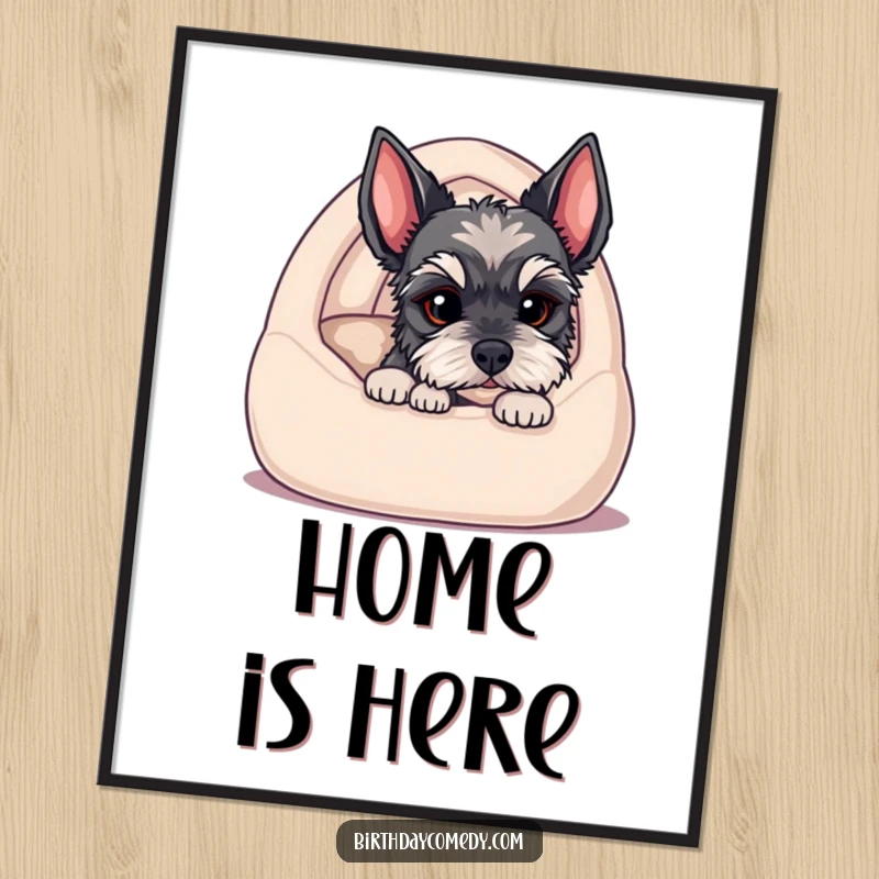 Funny poster art of a schnauzer puppy peeking from a cozy bed, its alert posture and charming expression conveying endless cuteness.