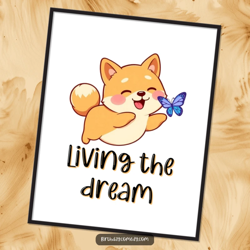 Funny poster art of a happy Shiba Inu with an excited tail, chasing a luminous digital butterfly, full of playful energy.