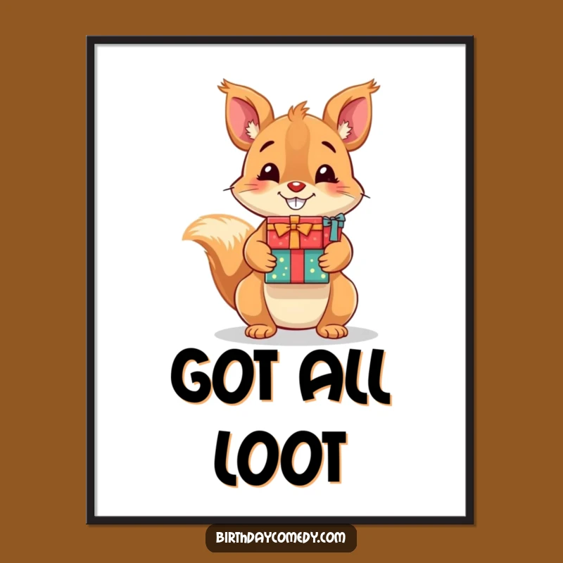 Funny Squirrel Poster: Playful Art Print of Rodent with Gifts, Humorous Decor