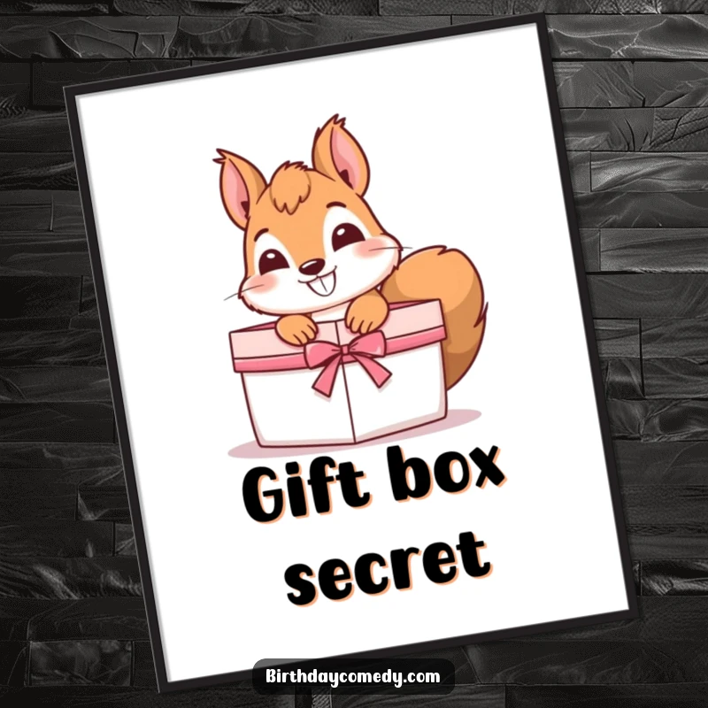 Funny Poster of a curious squirrel with a wide grin, peeking out from inside a gift box, exuding playful mischief.