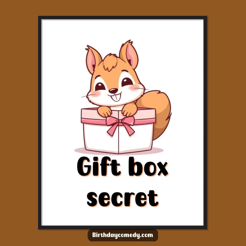 Funny Squirrel Poster: Whimsical wall art of a squirrel peeking from a gift, a hilariously charming piece for any room and a great gift.