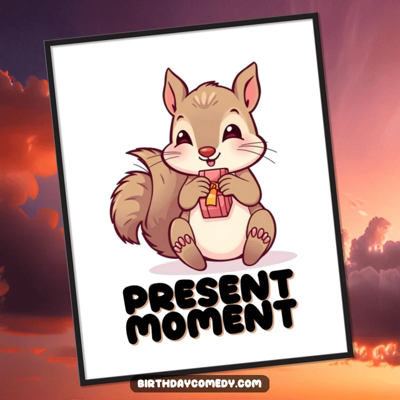 Funny poster illustrating a playful squirrel joyfully unwrapping a small present, creating a festive and humorous wall art.