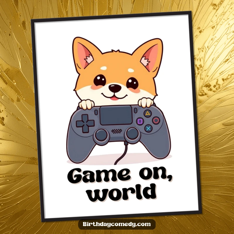 Funny Shiba Inu poster of a curious Shiba Inu with alert ears peeking over a giant game controller, perfect gamer wall art.