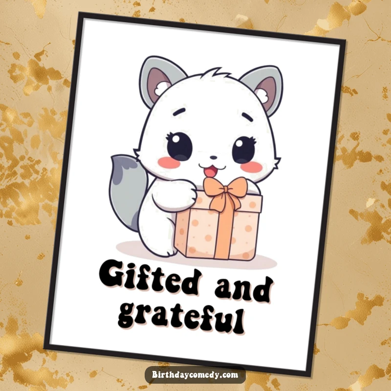 Funny poster of a cute animal character's wide, excited eyes as it eagerly tears open a surprise gift.