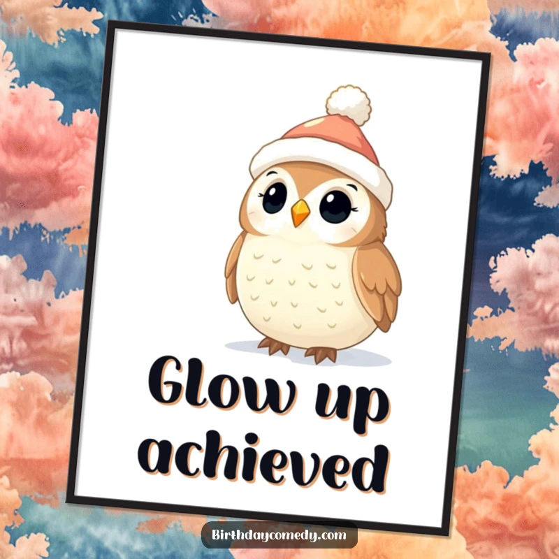 Funny Owl Christmas Poster: A cute owl wearing a stocking cap looks up at a sky full of twinkling Christmas lights, festive and magical.