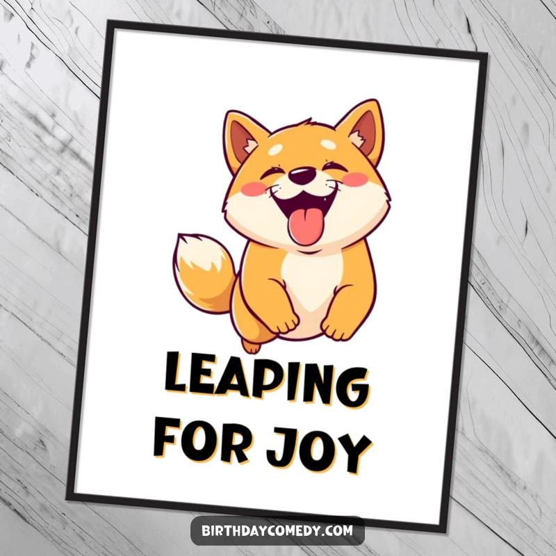 Funny Shiba Inu poster art of a joyful dog with its tongue out, leaping energetically for a virtual treat on screen.