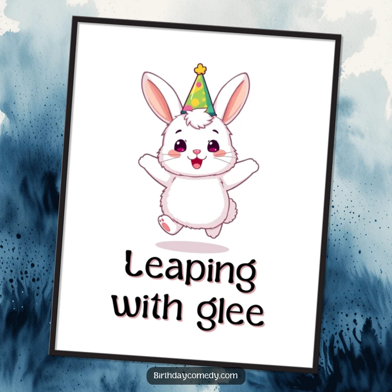 Funny bunny poster, a fluffy character wearing a party hat, joyfully bouncing with vibrant, celebratory energy.