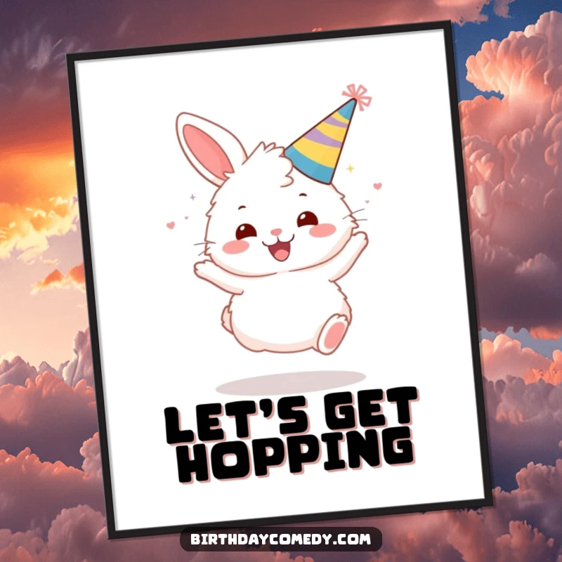 Funny poster depicting a fluffy bunny wearing a party hat, joyfully bouncing.
