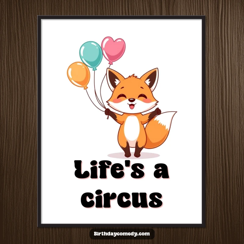 Funny Poster: A dynamic illustration of a happy fox masterfully juggling a cluster of vivid balloons, radiating pure delight and artistry.