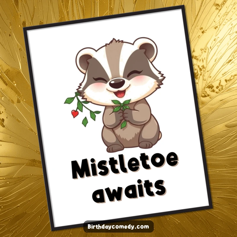 Funny badger poster, holding mistletoe, winking mischievously, exuding holiday spirit and playful cheer.