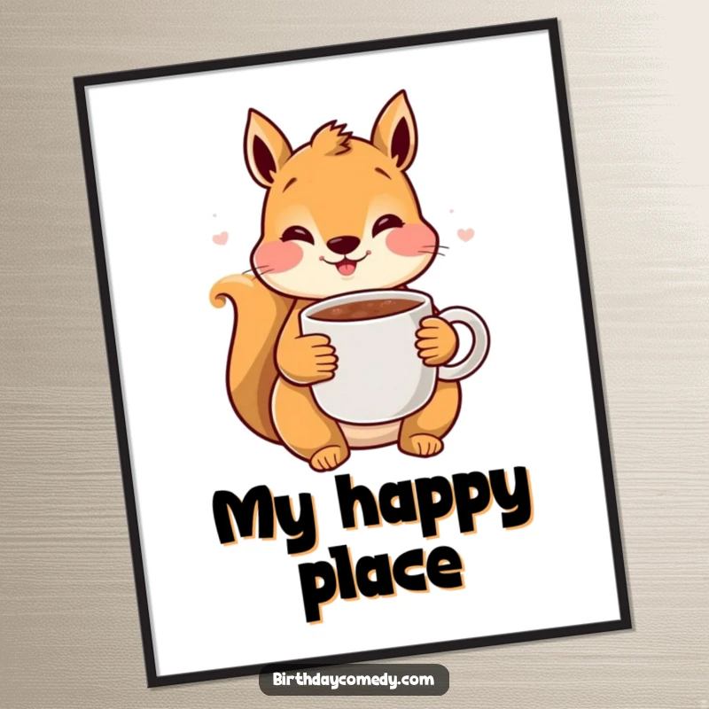 Funny Squirrel Cocoa Poster: A rosy-cheeked squirrel contentedly clutches a warm mug of cocoa, evoking feelings of comfort and joy.