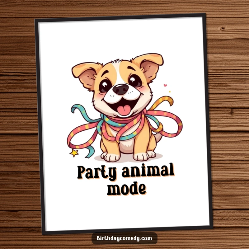 Funny Dog Ribbon Poster: A silly dog is joyfully entangled in a jumble of colorful festive ribbons, representing playful chaos.