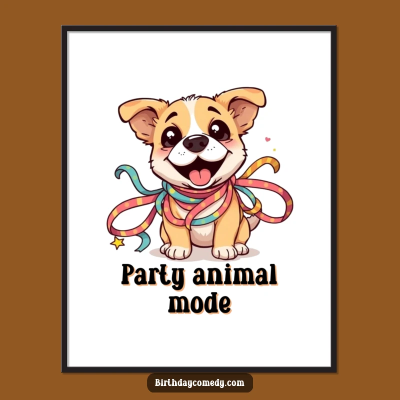 Funny Dog Ribbon Poster: Silly Dog Entangled in Festive Ribbons, Humorous Wall Art Gift