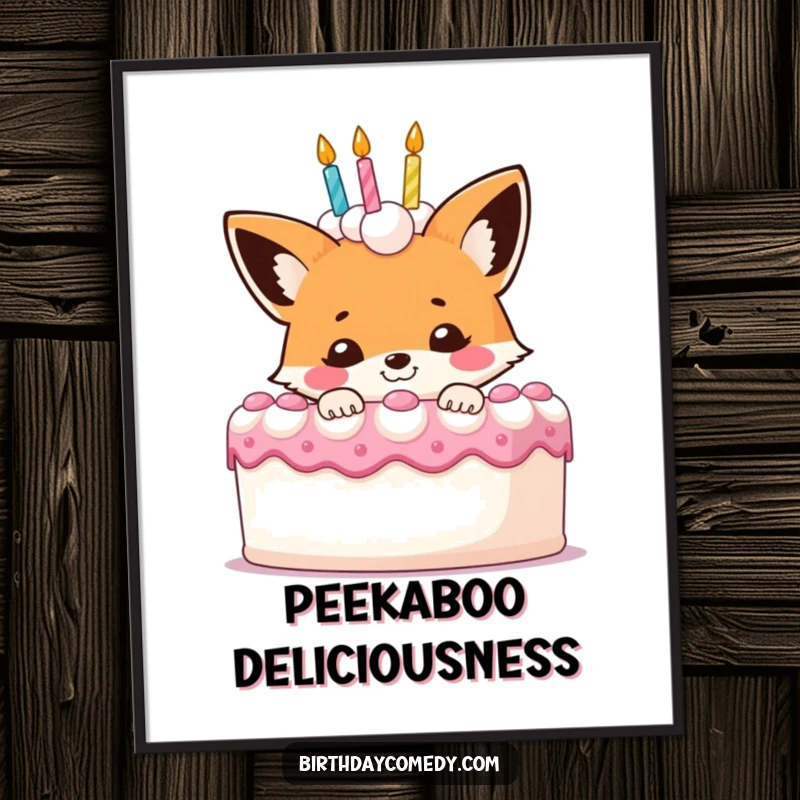 Funny fox poster, a smiling character peeking out from behind a huge birthday cake, adding artistic charm.