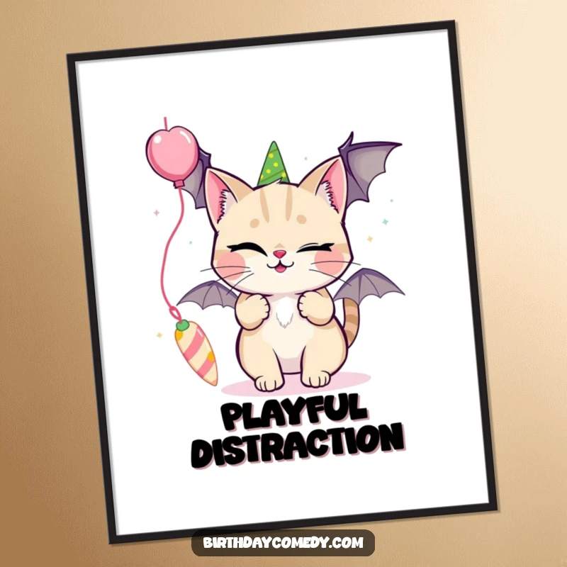 Funny poster print of a winking cat playfully batting at a dangling, colorful party streamer.