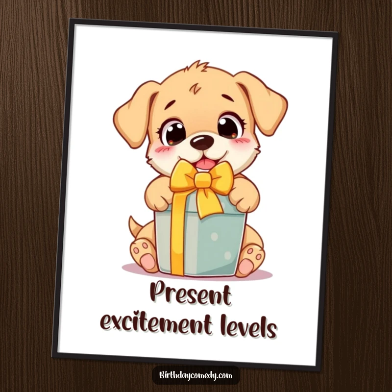 Funny Poster featuring a wide-eyed puppy with sheer delight as it unwraps a colorful present, radiating happiness and excitement.