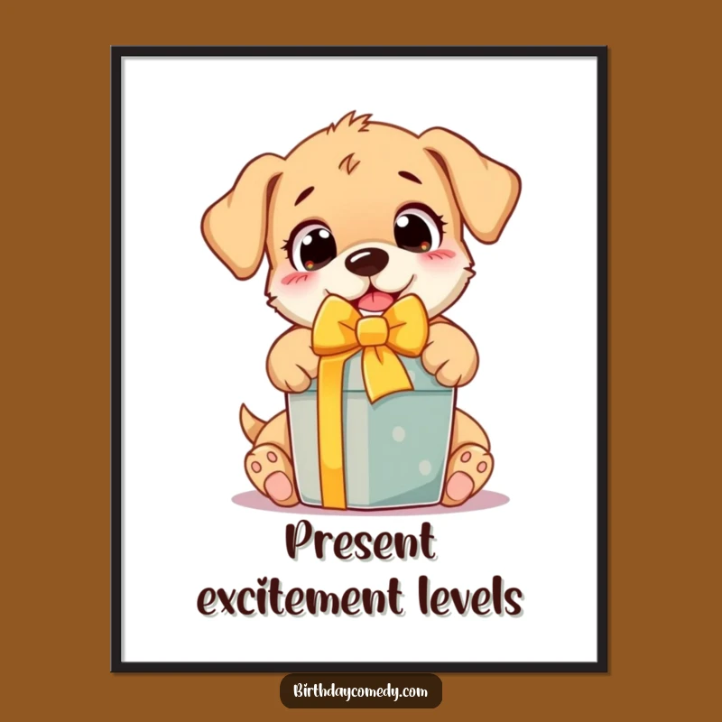 Funny Puppy Poster: Vibrant wall art of a pup unwrapping a gift, a hilariously joyful piece for any room and a great gift.