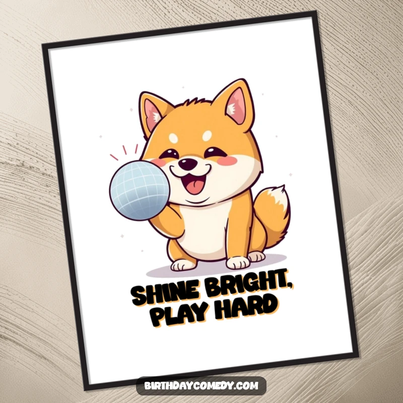 Funny Shiba Inu poster of a Shiba Inu joyfully batting at a disco ball, radiating playful energy and party vibes.