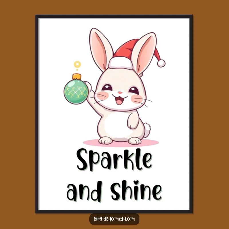 Funny Rabbit Holiday Poster: Festive Hat Rabbit with Sparkling Ornament, Joyful Wall Art Gift