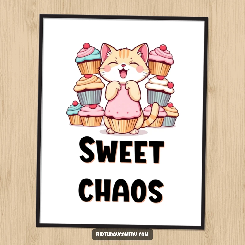 Funny cat poster, giggling, balancing cupcakes, whimsical art, perfect funny gift.