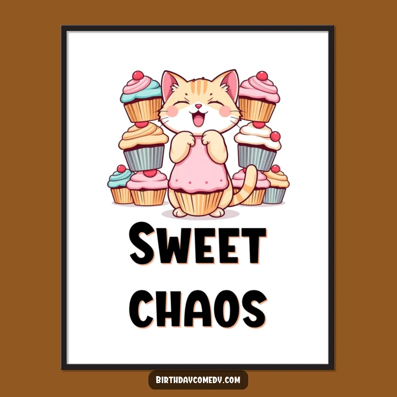 Funny Cat Poster - Giggling Cupcake Balance Art for Whimsical Kitchen Decor
