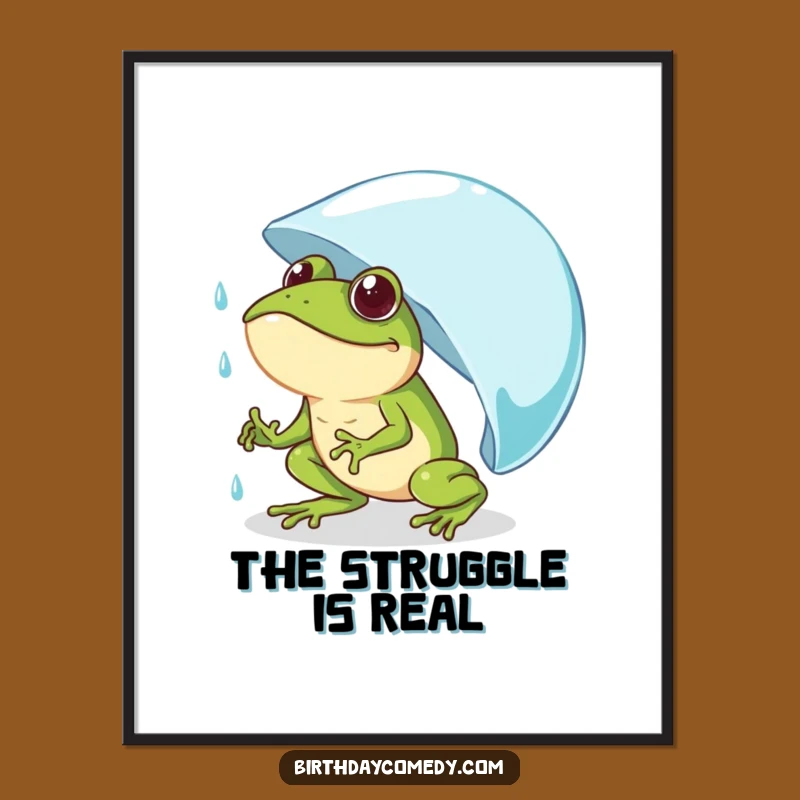 Funny Frog Pushing Raindrop Poster - Comical Amphibian Art Print Gift