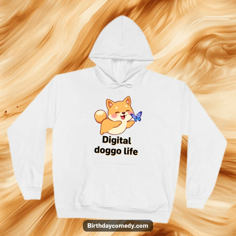 Funny hoodie illustration of a happy Shiba Inu with a wagging tail, joyfully pursuing a virtual butterfly.