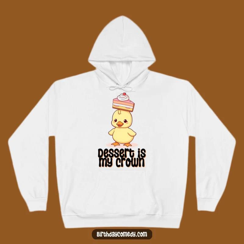 Funny Duckling Hoodie: Cozy comfort with a duckling balancing cake, a hilariously warm gift for bird lovers and dessert fans.