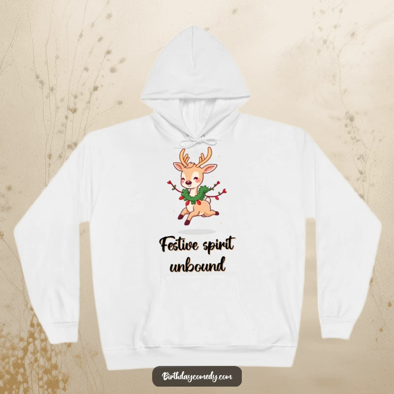 Funny hoodie design: A cute deer wearing a festive garland skips with joy, exuding warmth and holiday spirit.