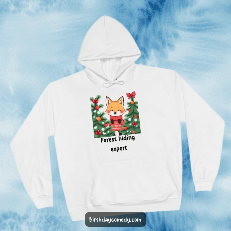 Funny fox hoodie, wearing a festive jumper, peeking from behind a pine tree, embodying holiday hide-and-seek fun.