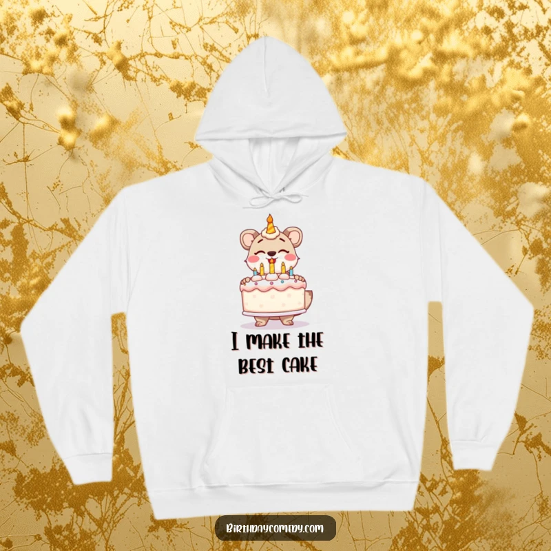 Funny hoodie featuring a stylized animal gleefully presenting a giant, frosted birthday cake, perfect for cozy celebrations.