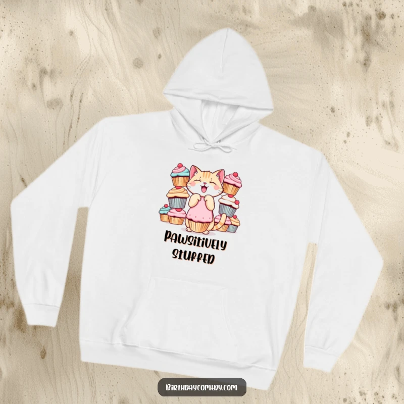 Funny cat hoodie, giggling, balancing oversized cupcakes, cozy and humorous, perfect funny gift.